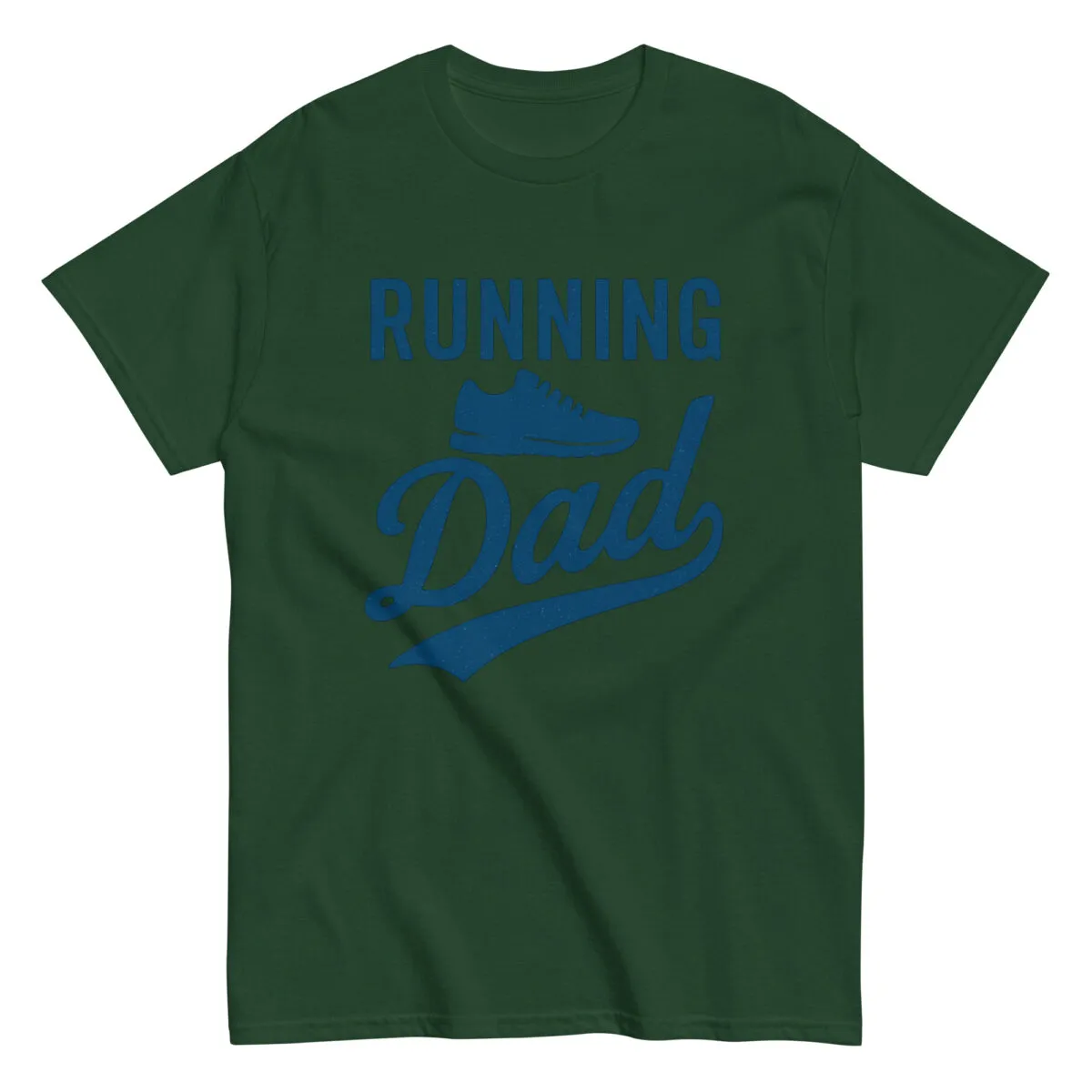 Green t-shirt says 'Running Dad' with sneaker graphic.