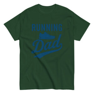 Green t-shirt says 'Running Dad' with sneaker graphic.