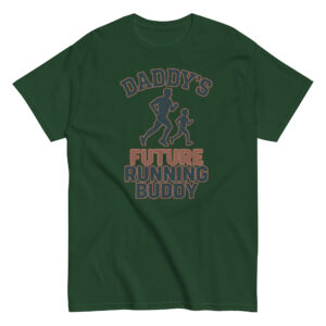 Green t-shirt with 'Daddy's Future Running Buddy' design.