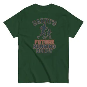 Green t-shirt with 'Daddy's Future Running Buddy' design.