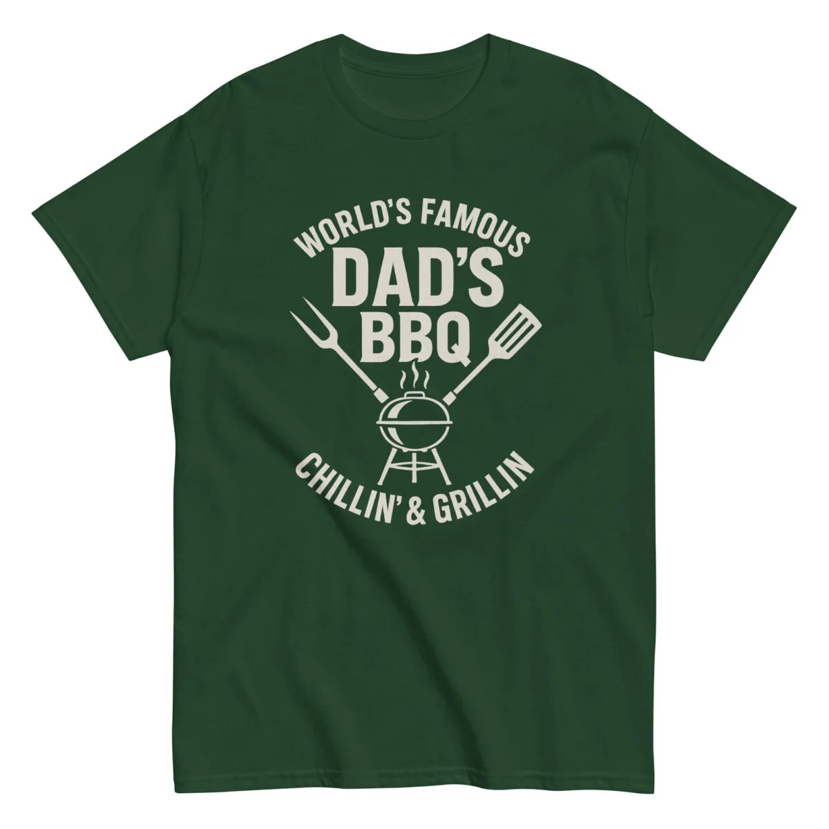 Green "Dad's BBQ" T-shirt with grilling graphic.