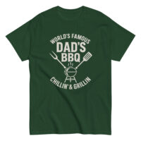 Green "Dad's BBQ" T-shirt with grilling graphic.