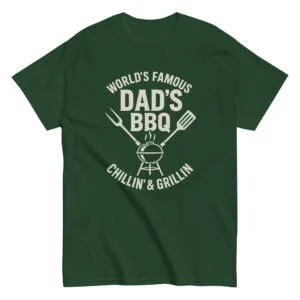 Green "Dad's BBQ" T-shirt with grilling graphic.