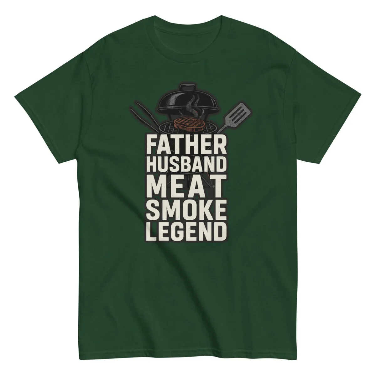 Green shirt with barbecue grill design and text.