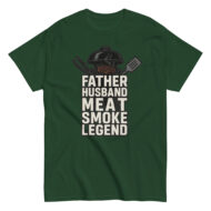 Green shirt with barbecue grill design and text.
