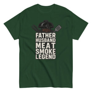 Green shirt with barbecue grill design and text.
