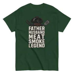 Green shirt with barbecue grill design and text.