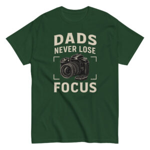 Green shirt with camera graphic and text for dads.
