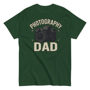 Green Photography Dad shirt with camera design.