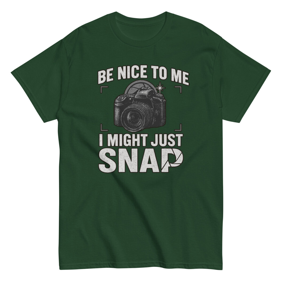 Green shirt with camera graphic and humorous text.