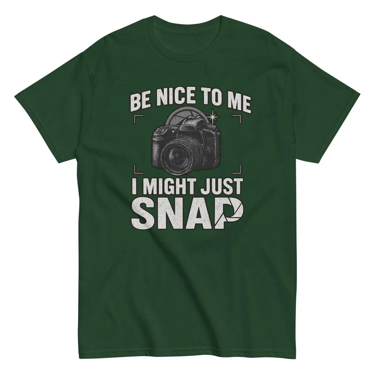 Green shirt with camera graphic and humorous text.