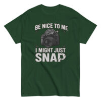 Green shirt with camera graphic and humorous text.
