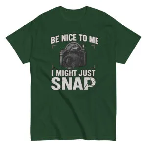 Green shirt with camera graphic and humorous text.