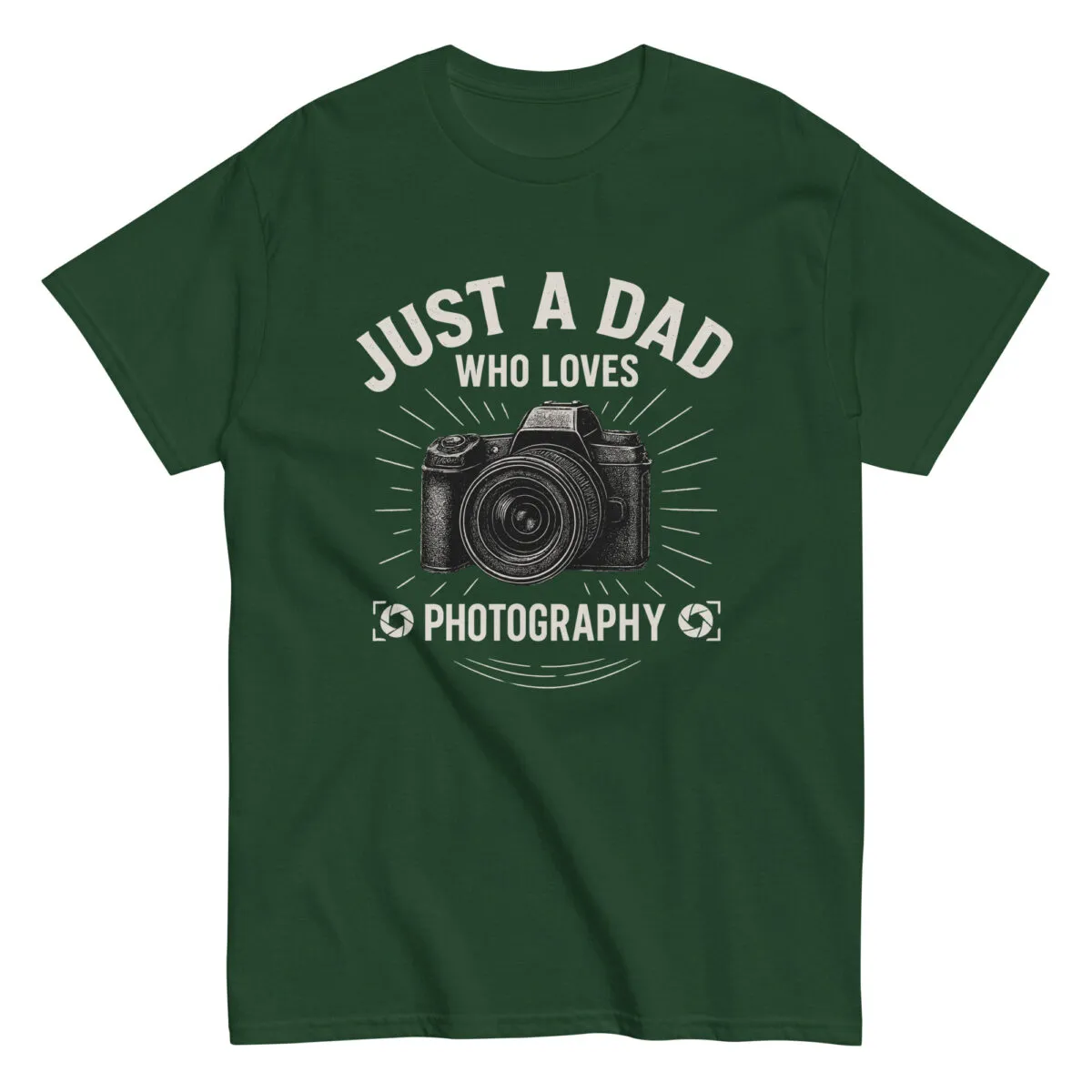 Green shirt with camera, photography quote.
