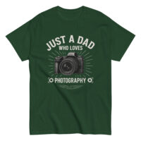 Green shirt with camera, photography quote.