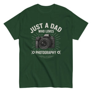 Green shirt with camera, photography quote.
