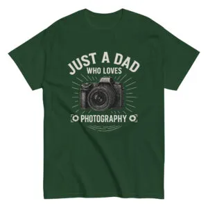 Green shirt with camera, photography quote.