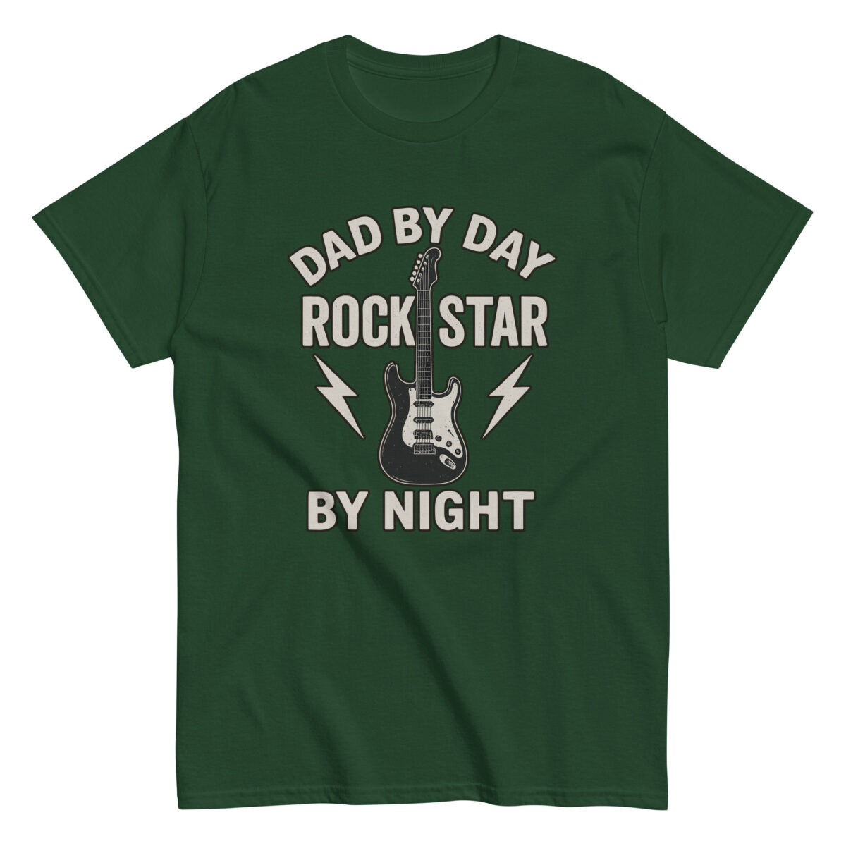 Green shirt with guitar, 'Dad by Day, Rockstar'