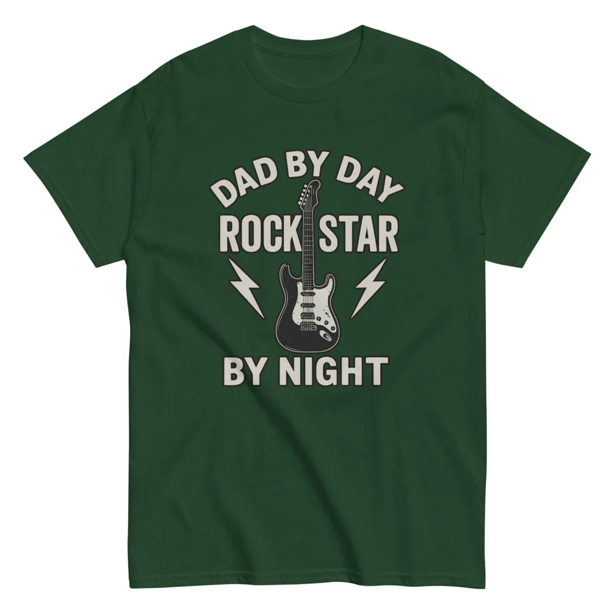 Green shirt with guitar, 'Dad by Day, Rockstar'