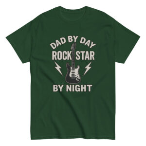Green shirt with guitar, 'Dad by Day, Rockstar'