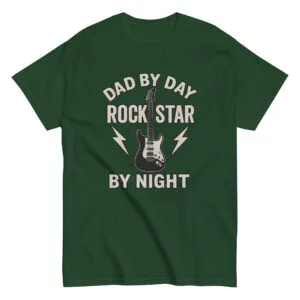 Green shirt with guitar, 'Dad by Day, Rockstar'