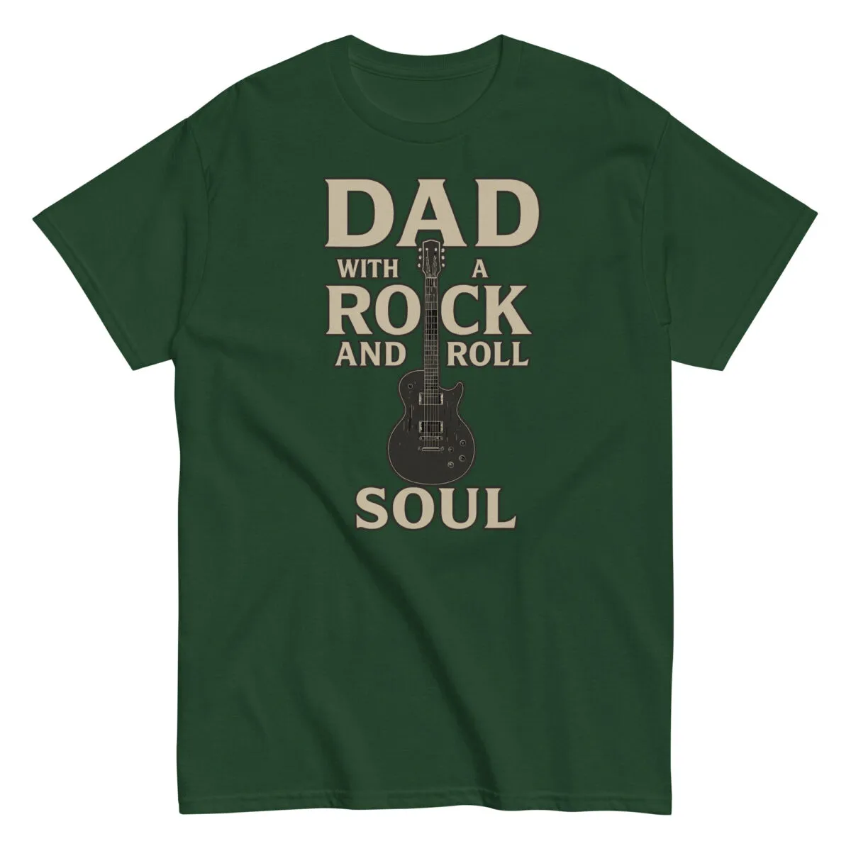 Green t-shirt with rock and roll dad design.