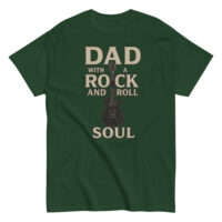 Green t-shirt with rock and roll dad design.