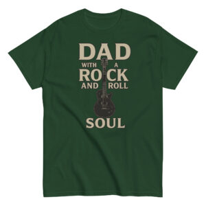 Green t-shirt with rock and roll dad design.