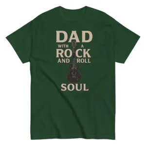 Green t-shirt with rock and roll dad design.