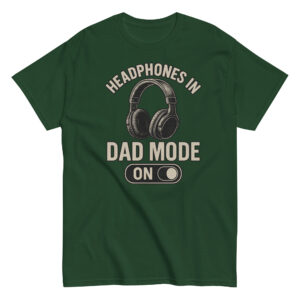 Green shirt with 'Dad Mode On' headphones design.