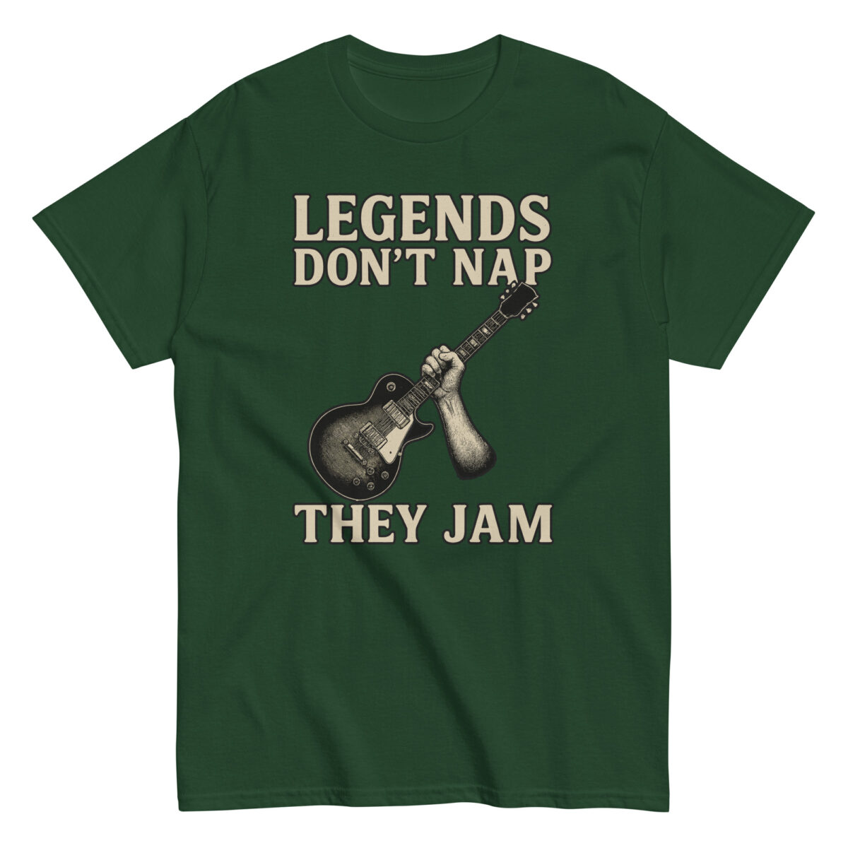 Green t-shirt with guitar and music slogan.