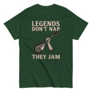 Green t-shirt with guitar and music slogan.