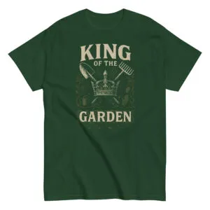 Green t-shirt with 'King of the Garden' design
