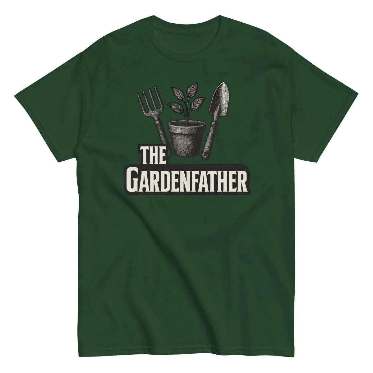 Green t-shirt with garden-themed design.
