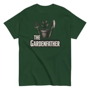 Green t-shirt with garden-themed design.