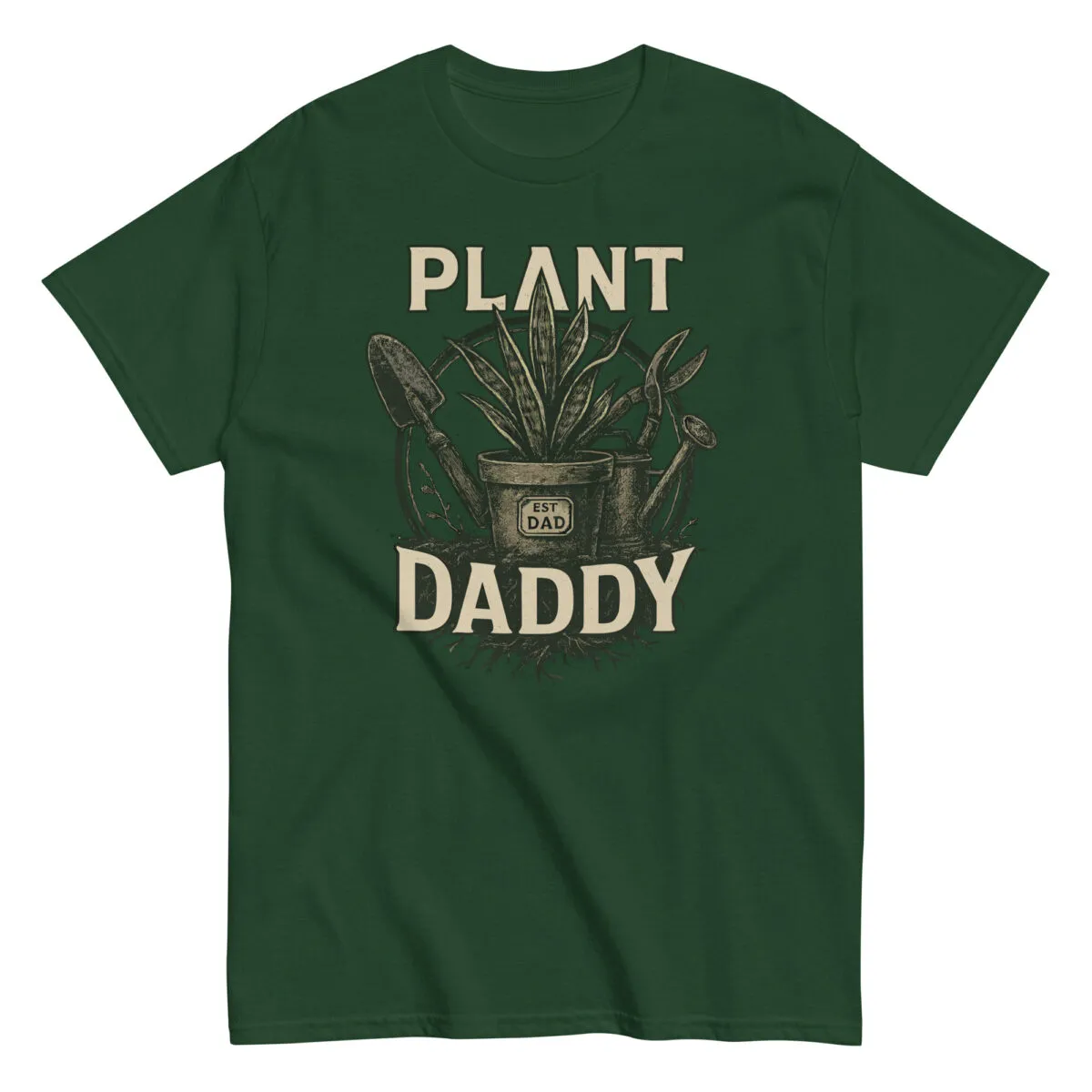 Green 'Plant Daddy' shirt with plant graphics.