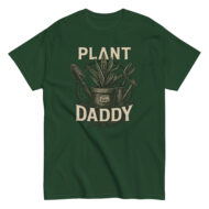 Green 'Plant Daddy' shirt with plant graphics.