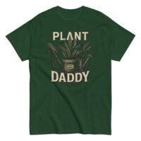 Green 'Plant Daddy' shirt with plant graphics.