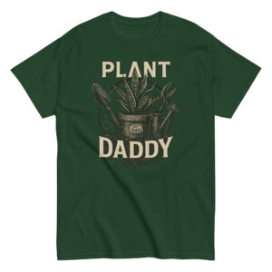 Green 'Plant Daddy' shirt with plant graphics.