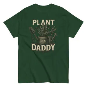 Green 'Plant Daddy' shirt with plant graphics.