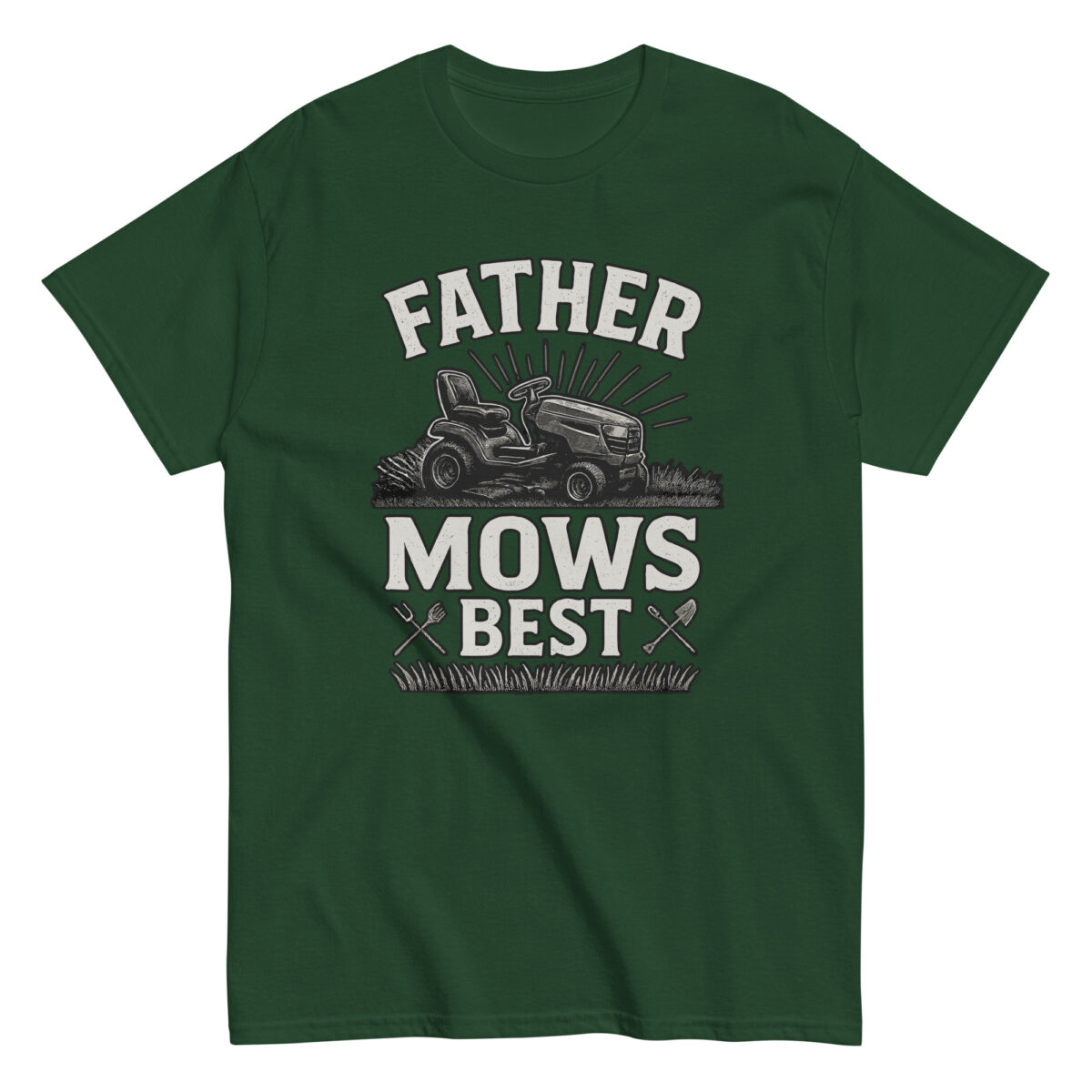 Green shirt with 'Father Mows Best' design.