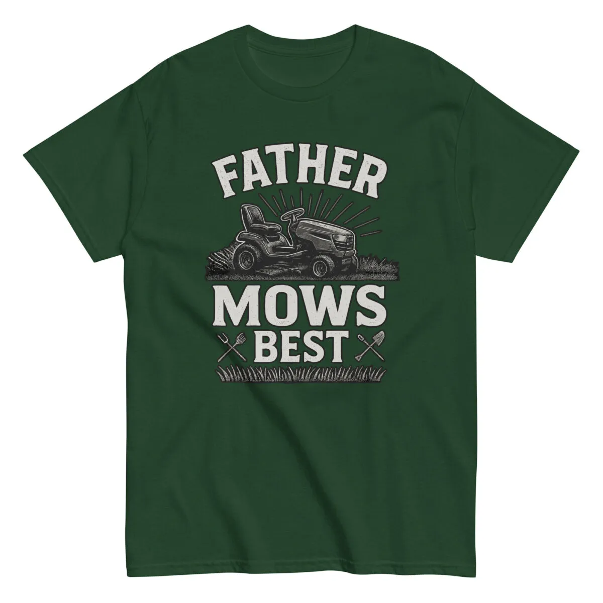 Green shirt with 'Father Mows Best' design.
