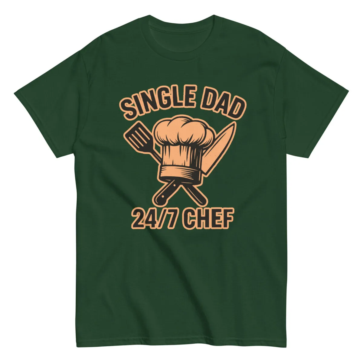 Green shirt with 'Single Dad 24/7 Chef' design.