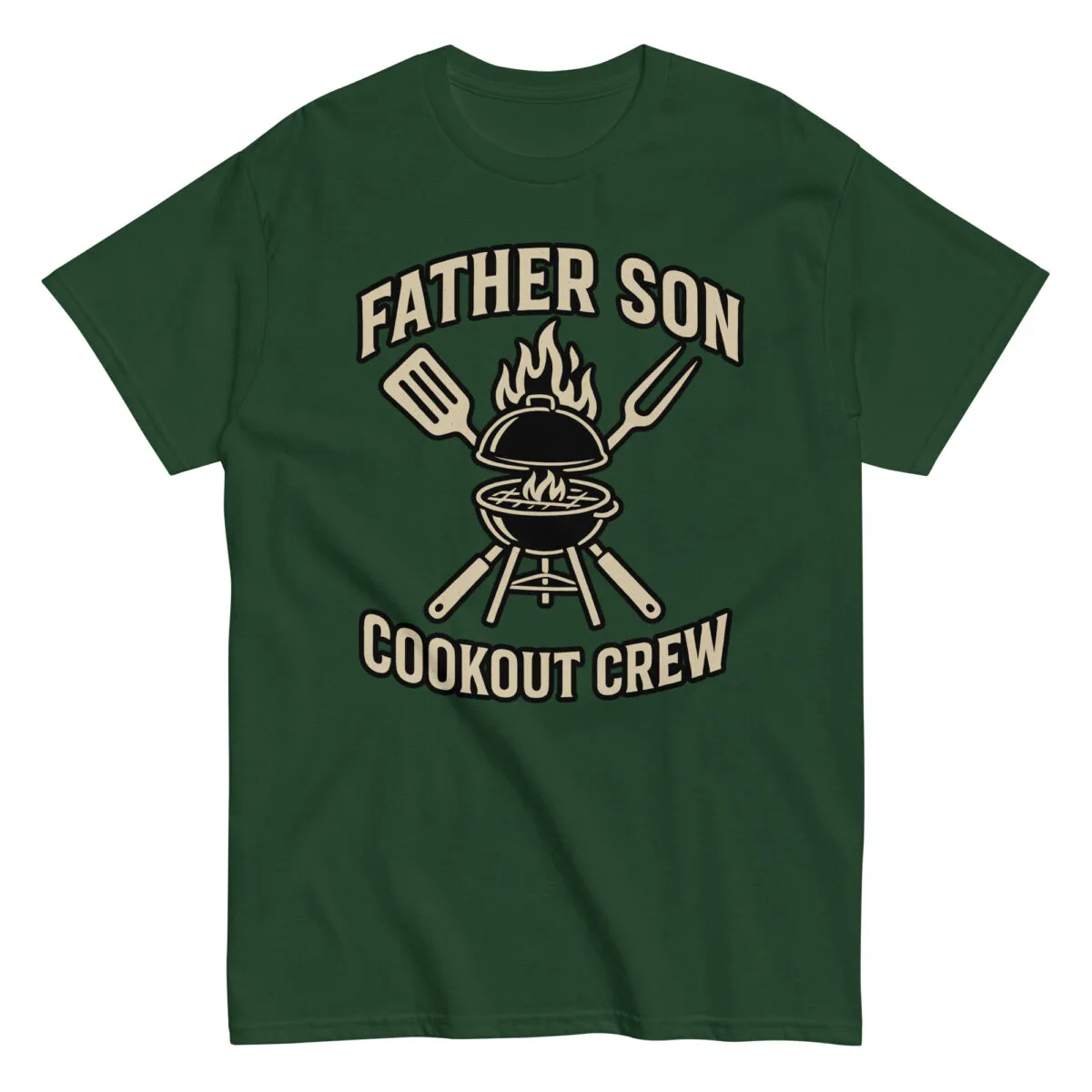 Green shirt with grill and tools graphic.