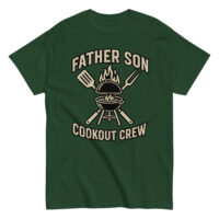 Green shirt with grill and tools graphic.
