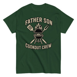 Green shirt with grill and tools graphic.
