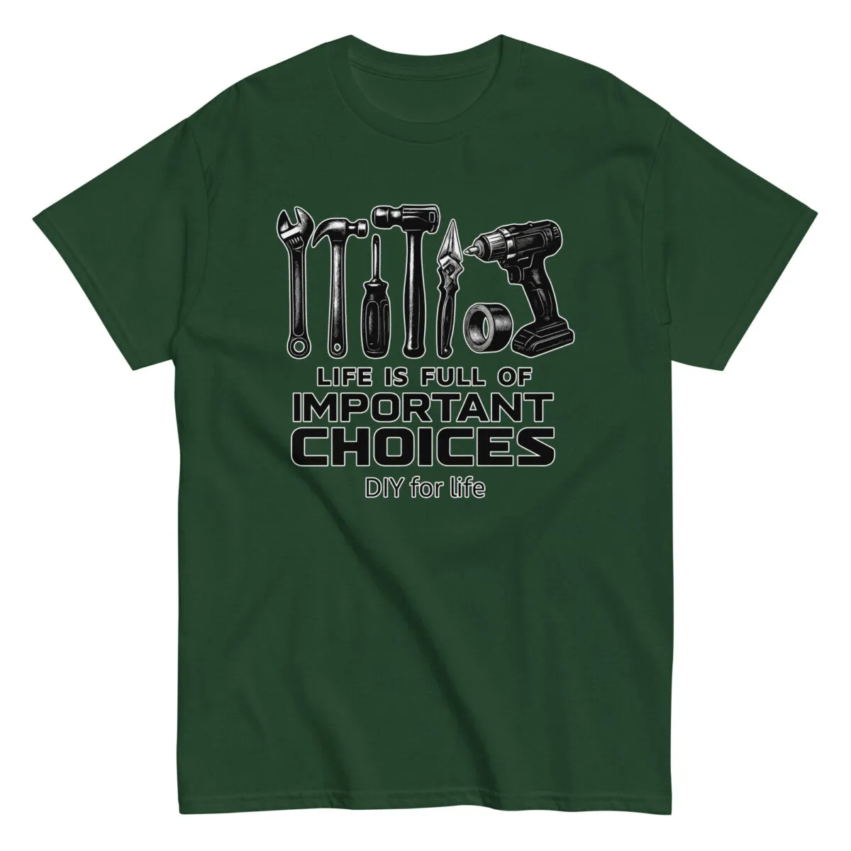 Green DIY t-shirt with tool illustrations and text