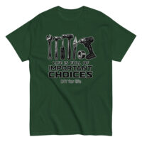 Green DIY t-shirt with tool illustrations and text