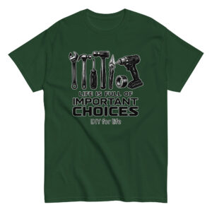 Green DIY t-shirt with tool illustrations and text