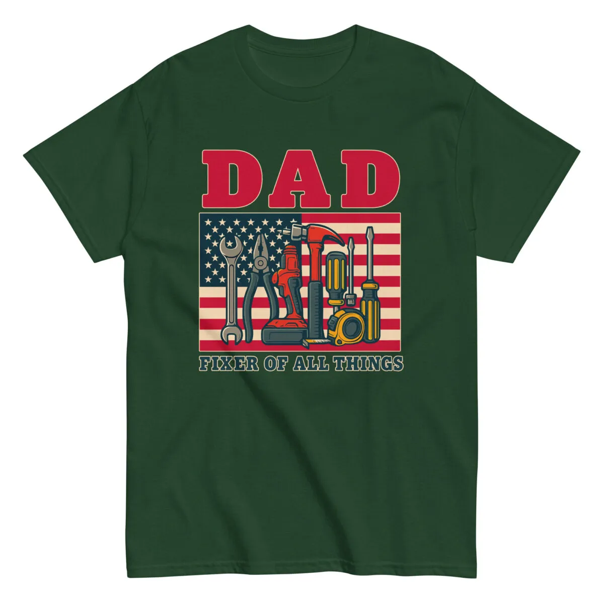 Green T-shirt with tools and American flag design.